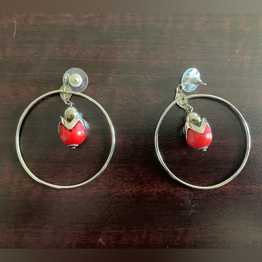Silver Circle Earrings with Red Charm